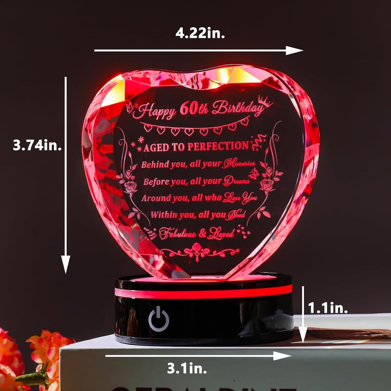 60th Birthday Crystal Heart Gift with Light Base for Women & Men