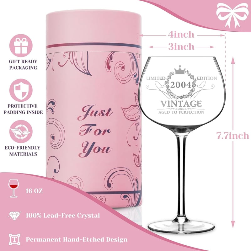 21st Birthday Wine Glass - Vintage 2004 Engraved Gift for Women