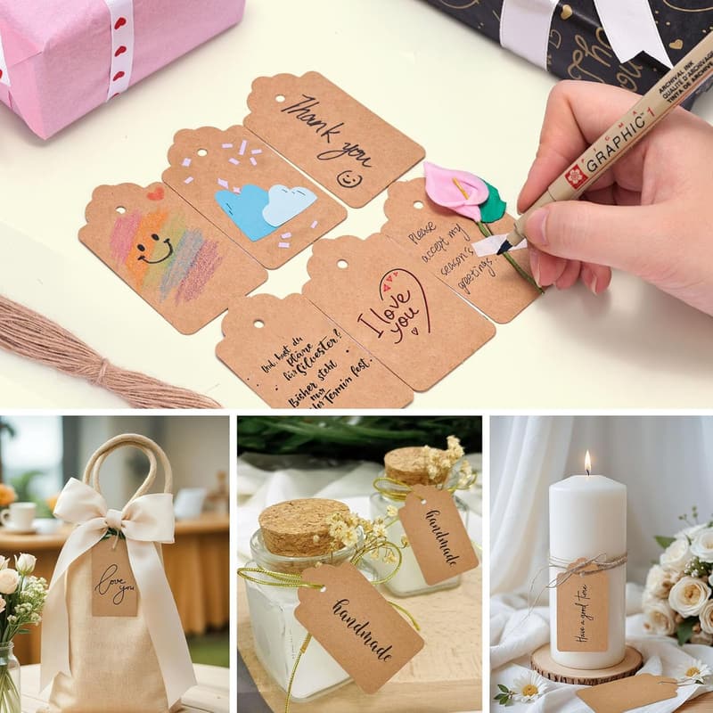 Wedding Brown Kraft Hang Tags with String, 100pcs