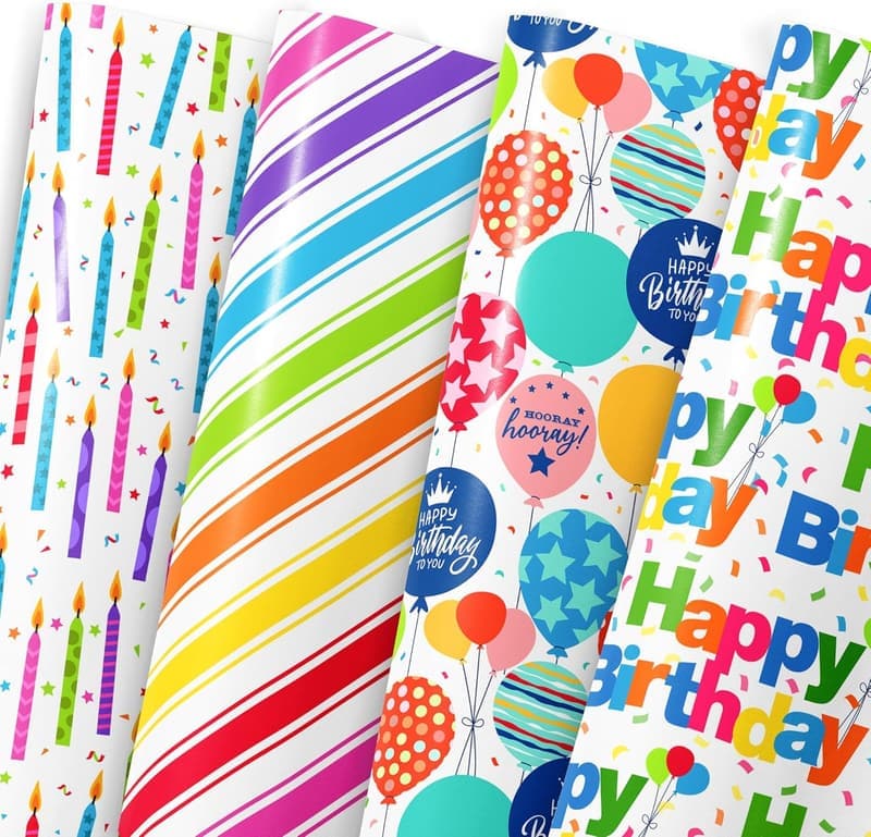 Birthday Gift Wrap - 12 Sheets with Candles & Balloons