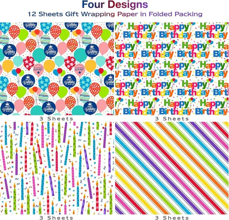 Birthday Gift Wrap - 12 Sheets with Candles & Balloons
