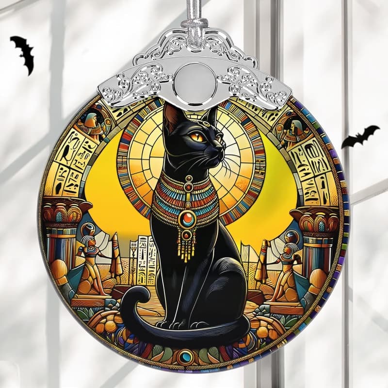 Exotic Black Cat Stained Glass Christmas Ornament