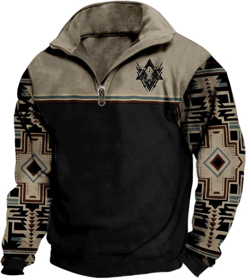Men's Western Fleece Bull Print 1/4 Zip Pullover