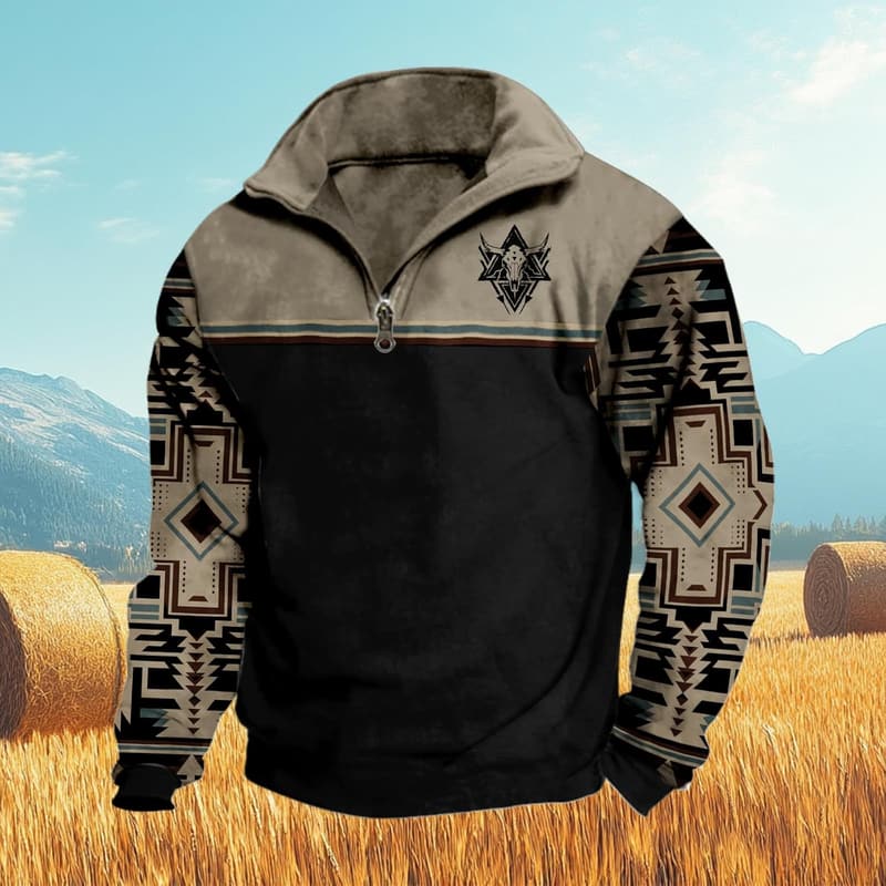 Men's Western Fleece Bull Print 1/4 Zip Pullover