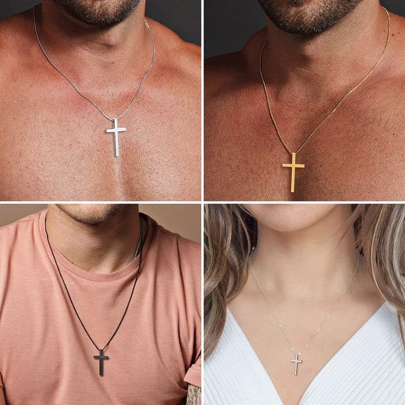 Men's Cross Necklace, Silver Black Gold Stainless Steel
