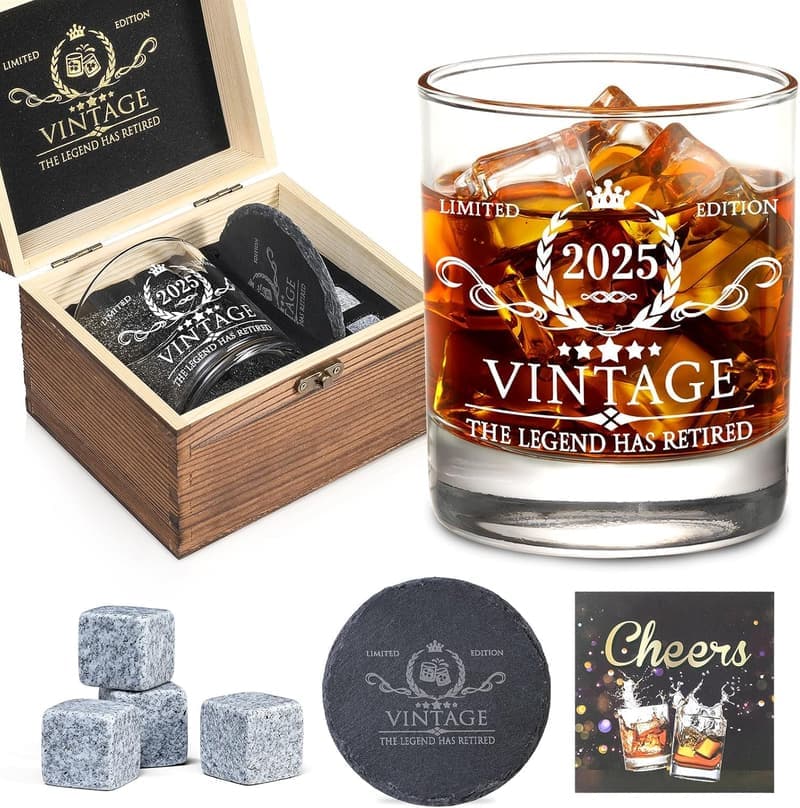 Retirement Whiskey Glass Set with Wood Box & Stones