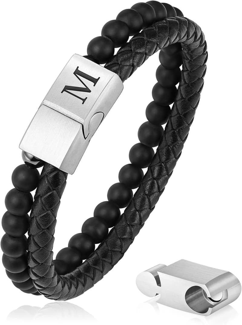 Men's Beaded Leather Bracelet with Matte Agate