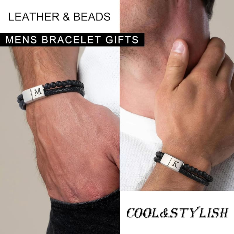 Men's Beaded Leather Bracelet with Matte Agate
