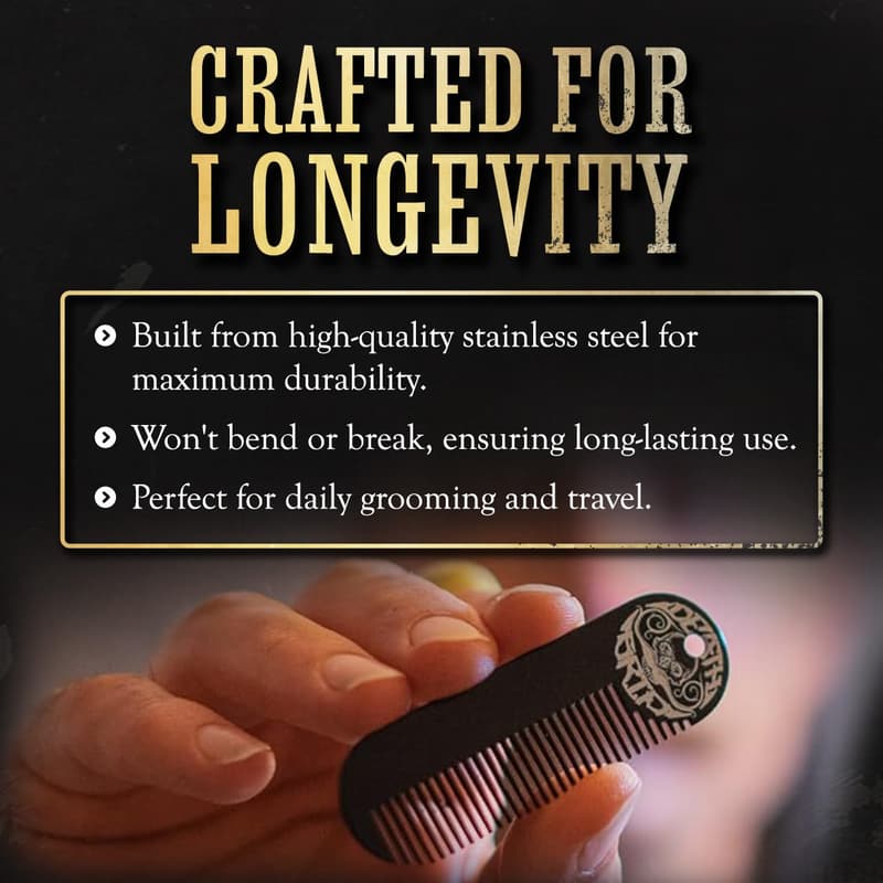 Mustache & Beard Comb Keychain for Men - Black Metal