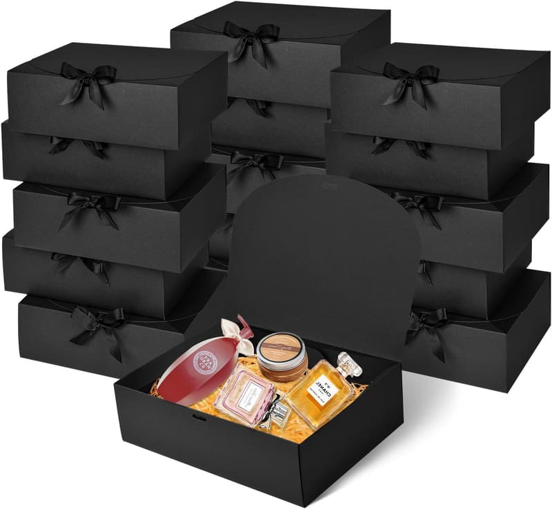 Groomsmen Luxury Black Gift Boxes with Ribbon, 12 Pack