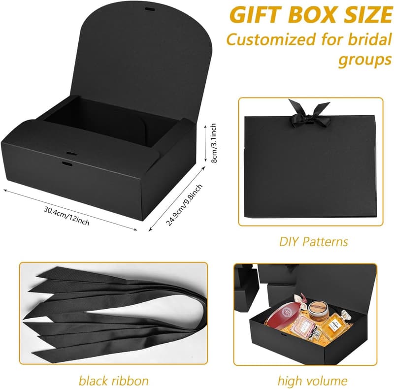 Groomsmen Luxury Black Gift Boxes with Ribbon, 12 Pack