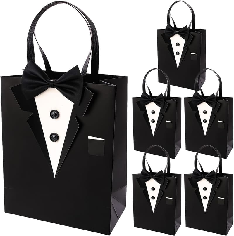 Groomsman Tuxedo Gift Bags with Bow Tie, 6-Pack
