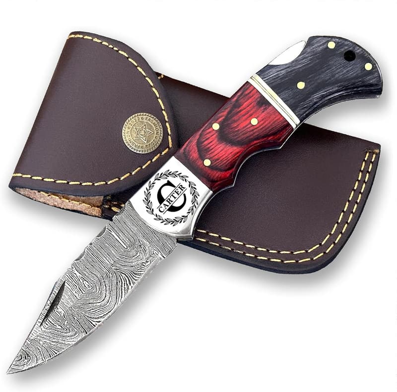 Christmas Men's Custom Damascus Folding Knife, Handmade with Sheath