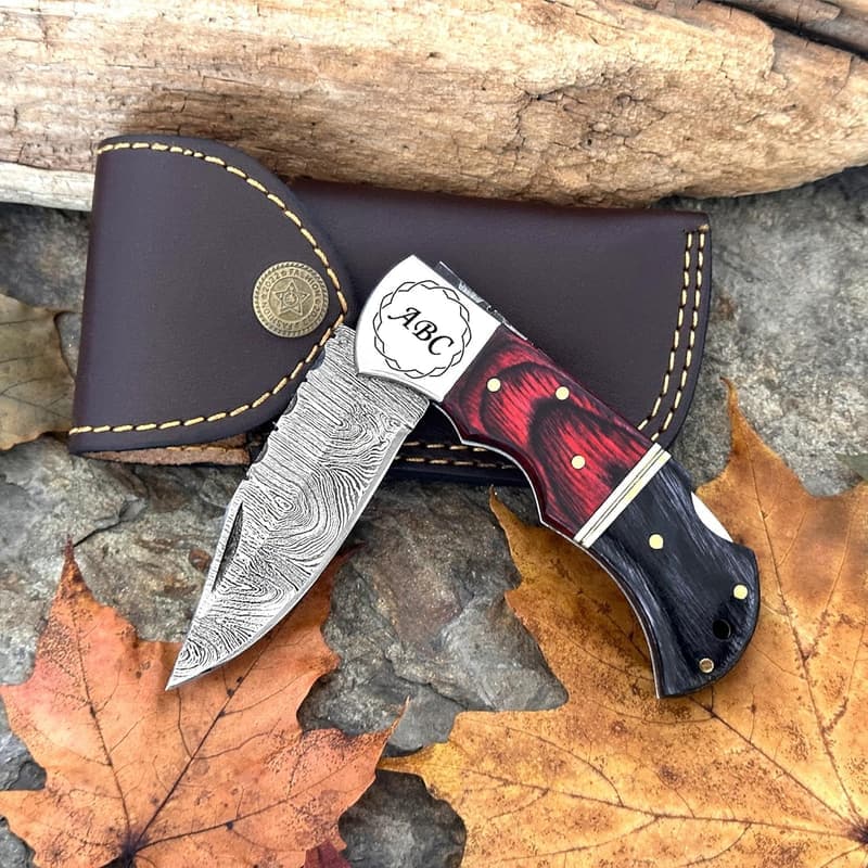Christmas Men's Custom Damascus Folding Knife, Handmade with Sheath