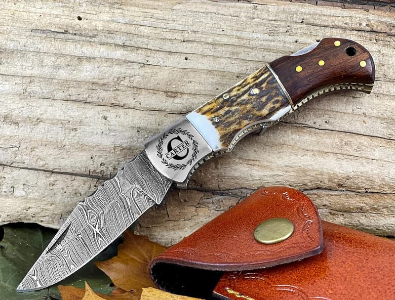 Wedding Damascus Steel Folding Knife, Personalized Handle