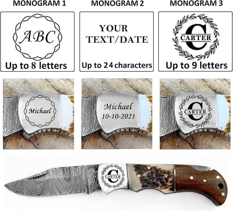 Wedding Damascus Steel Folding Knife, Personalized Handle