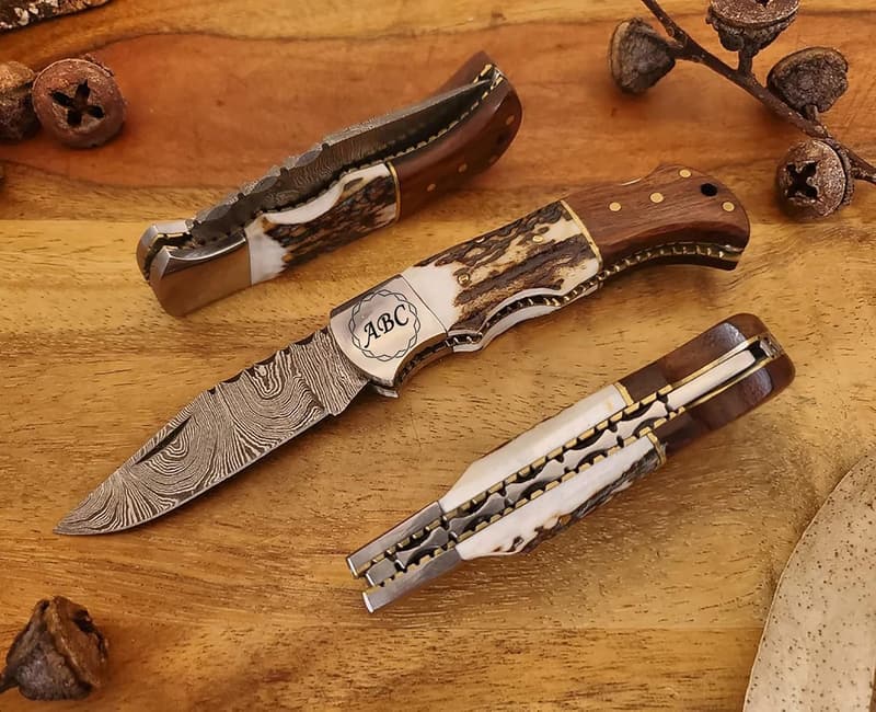 Wedding Damascus Steel Folding Knife, Personalized Handle