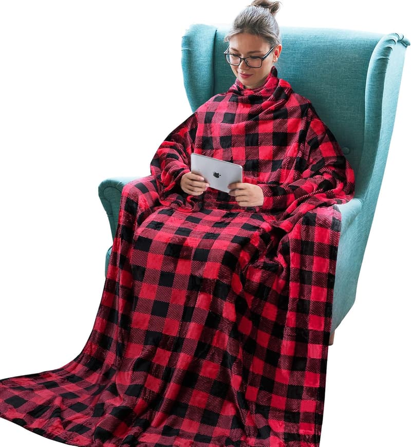 Wearable Fleece Blanket with Sleeves for Adults