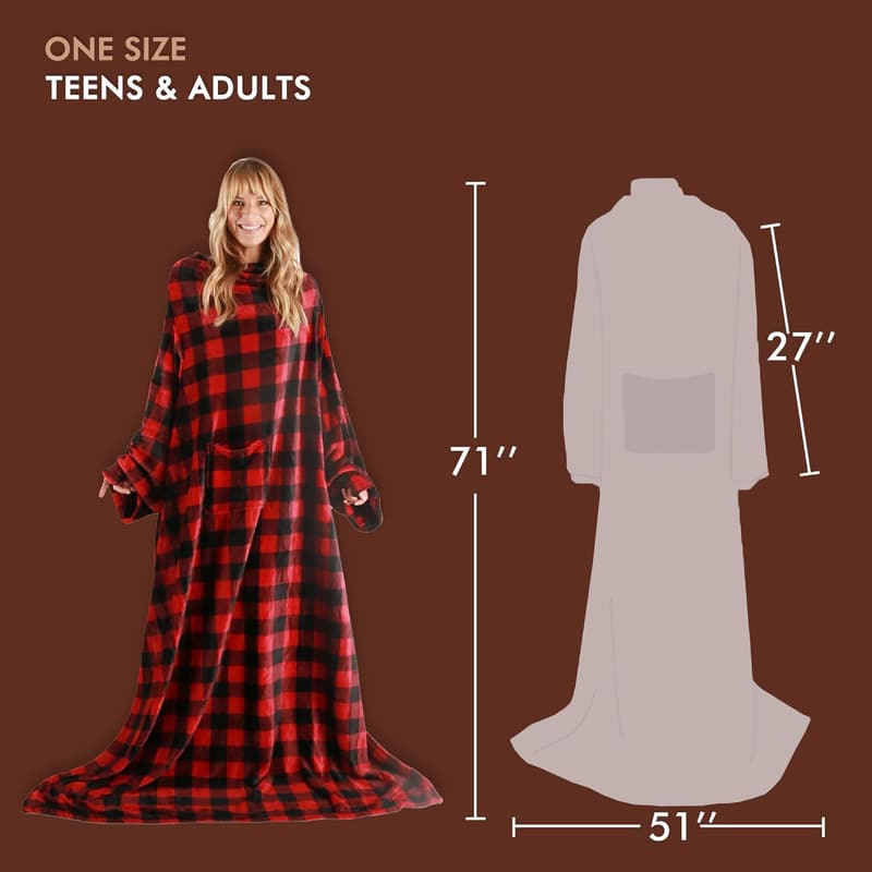 Wearable Fleece Blanket with Sleeves for Adults