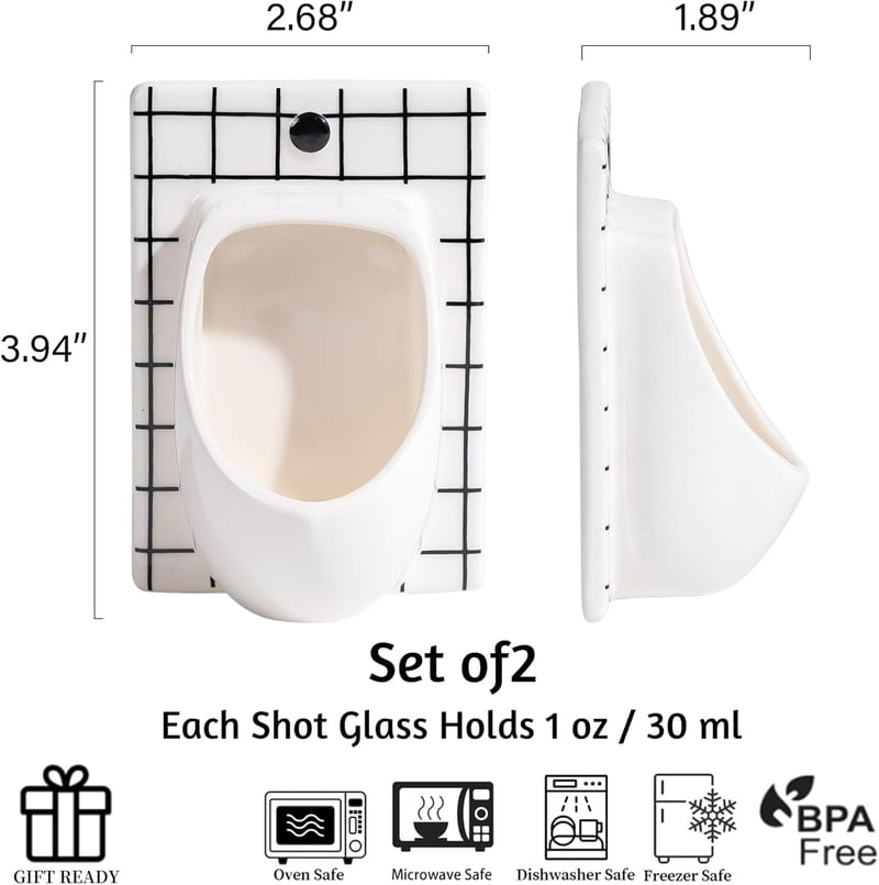 Funny Urinal Shot Glass Set of 2 - White Ceramic Gag Gift