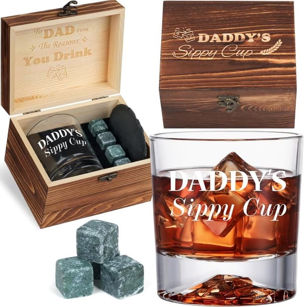 Funny Whiskey Glass Set for Dad with Stones & Wooden Box