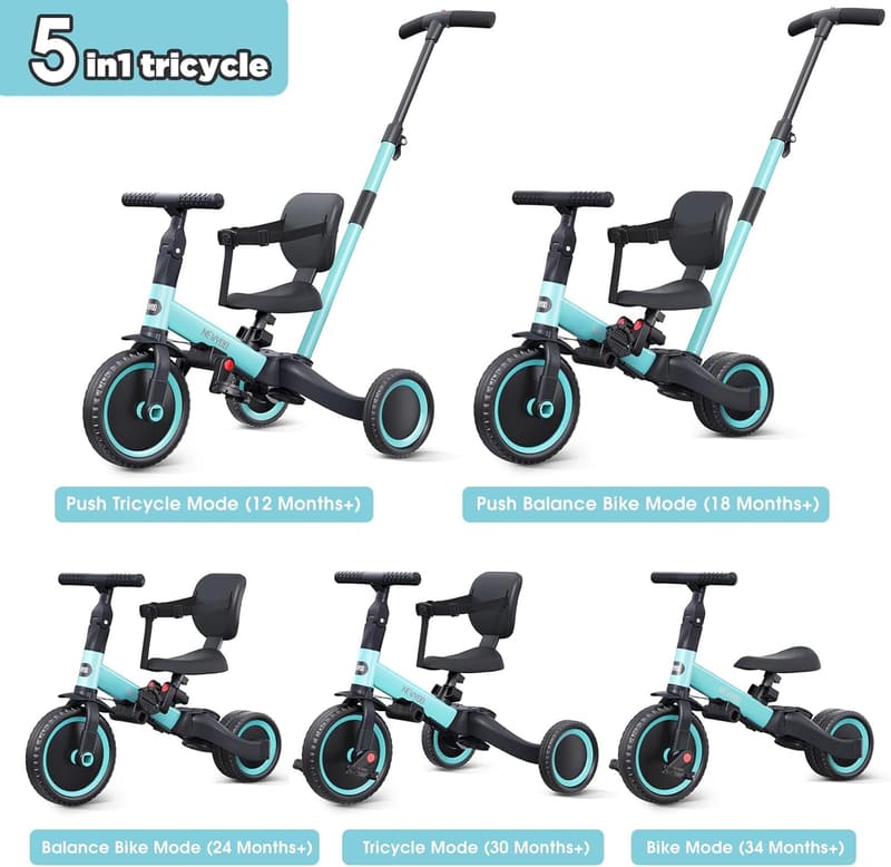 Toddler Tricycle with Push Handle - Birthday Gift for Kids