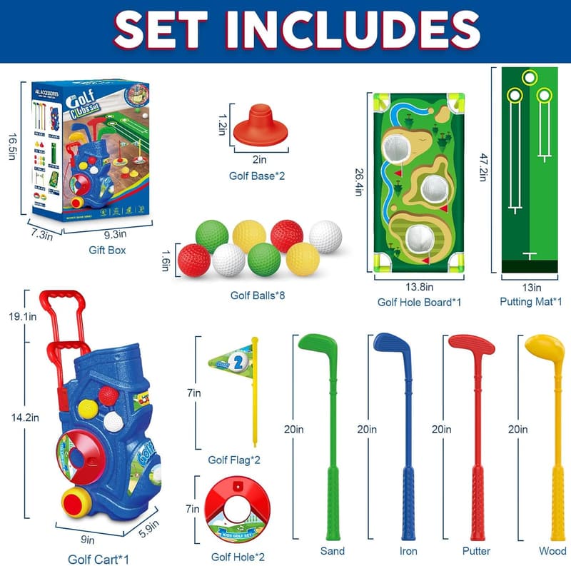 Indoor/Outdoor Kids Golf Club Set with Cart & Mat (Ages 3-6)