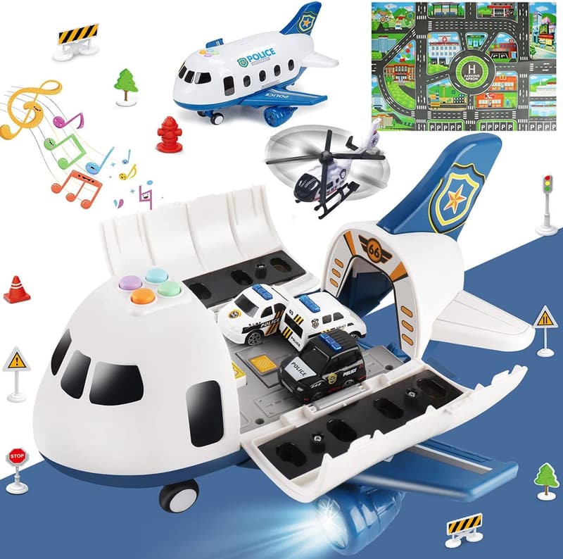 Airplane & Police Car Toy Set with Light, Sound & Activity Mat