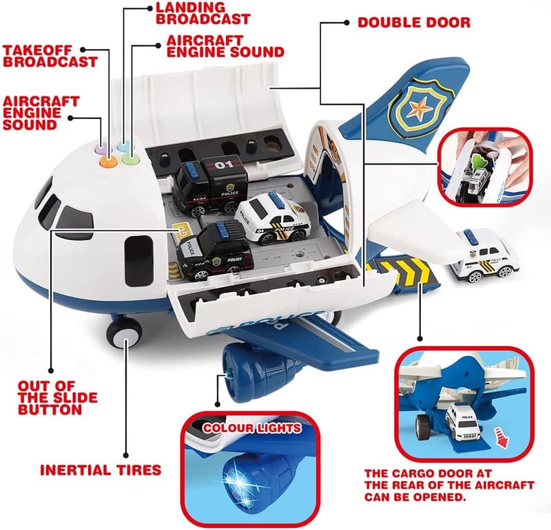 Airplane & Police Car Toy Set with Light, Sound & Activity Mat