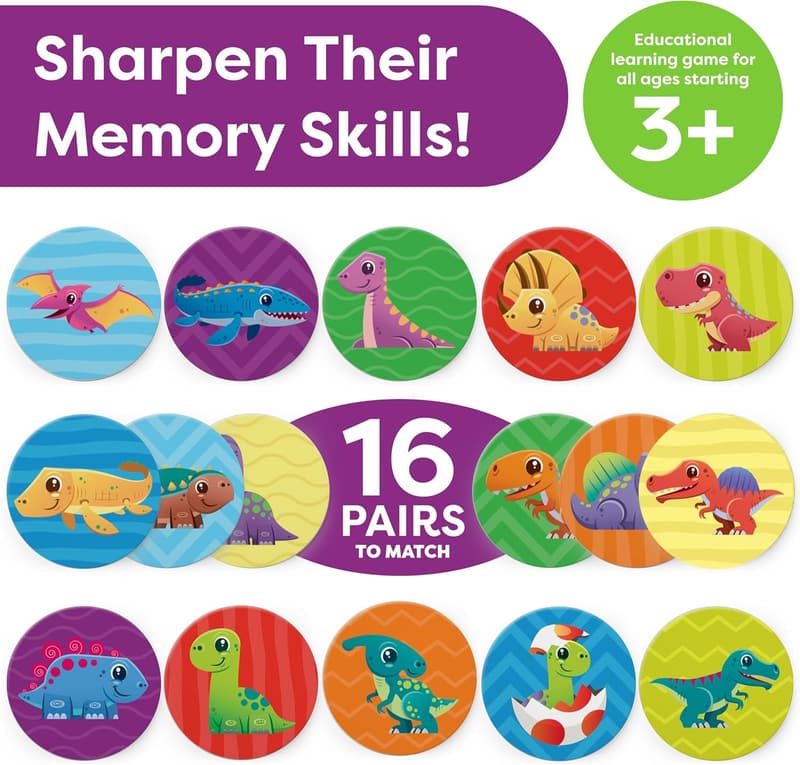 Dinosaur Memory Game for Kids Age 3-5 - 32-Piece Educational Toy