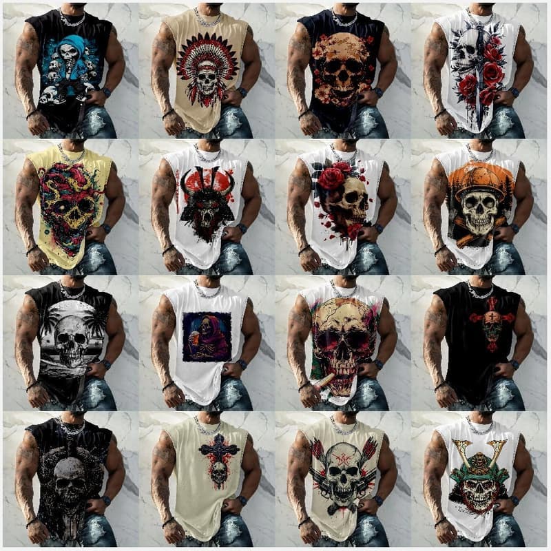 Skull Print Casual Cotton Tank Top for Men