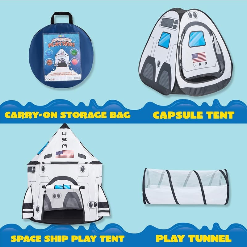 Rocket Ship Play Tent Set with Tunnel for Kids