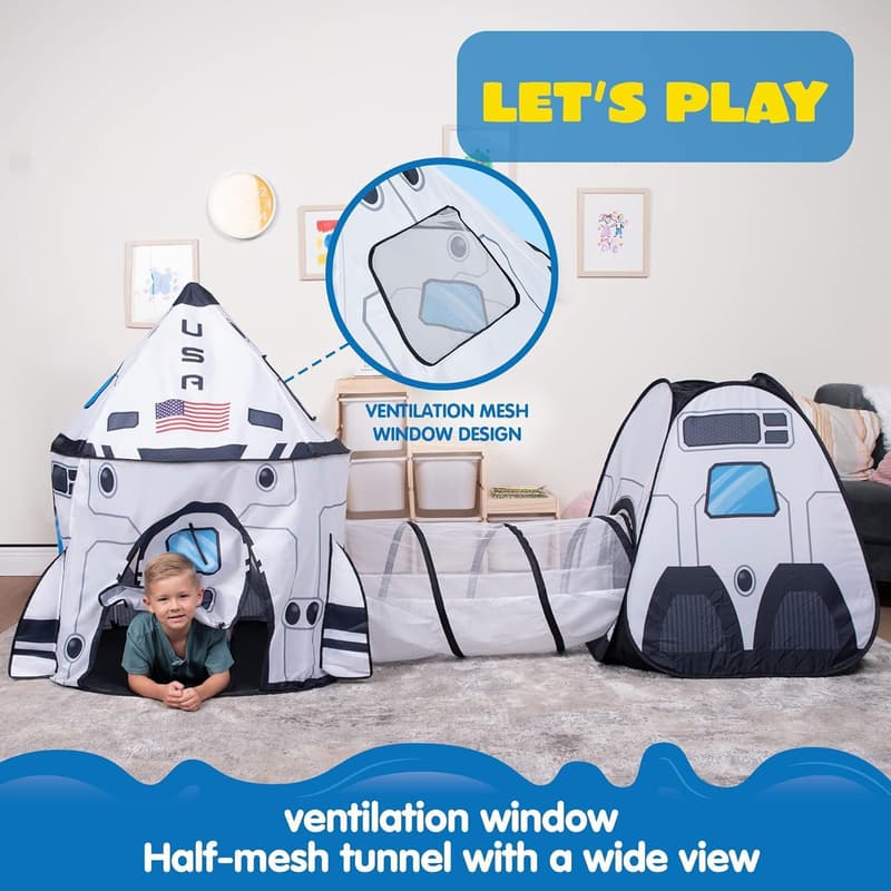 Rocket Ship Play Tent Set with Tunnel for Kids