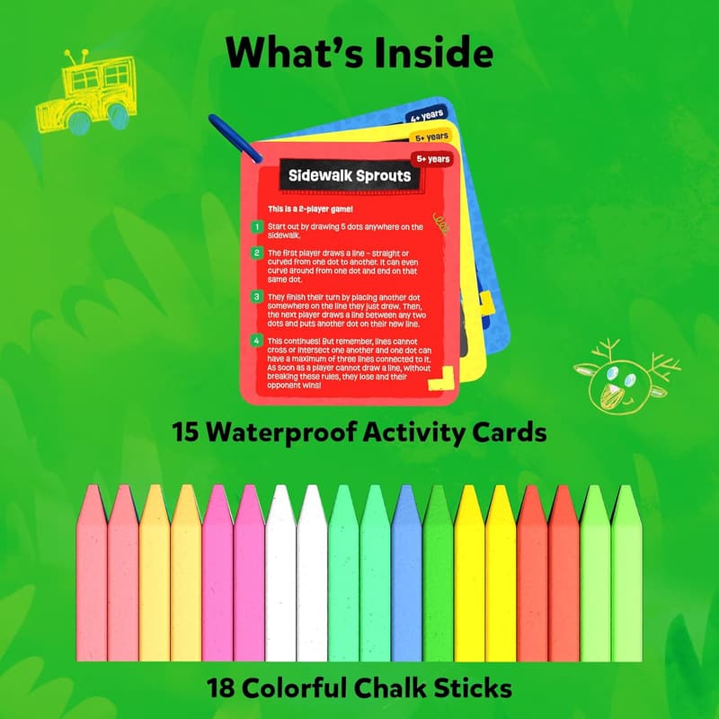 Outdoor Activity Kit with 18 Washable Chalk Sticks for Ages 3-10