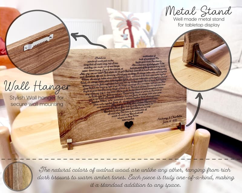 Personalized Heart-Shaped Walnut Song Lyric Plaque for Couples