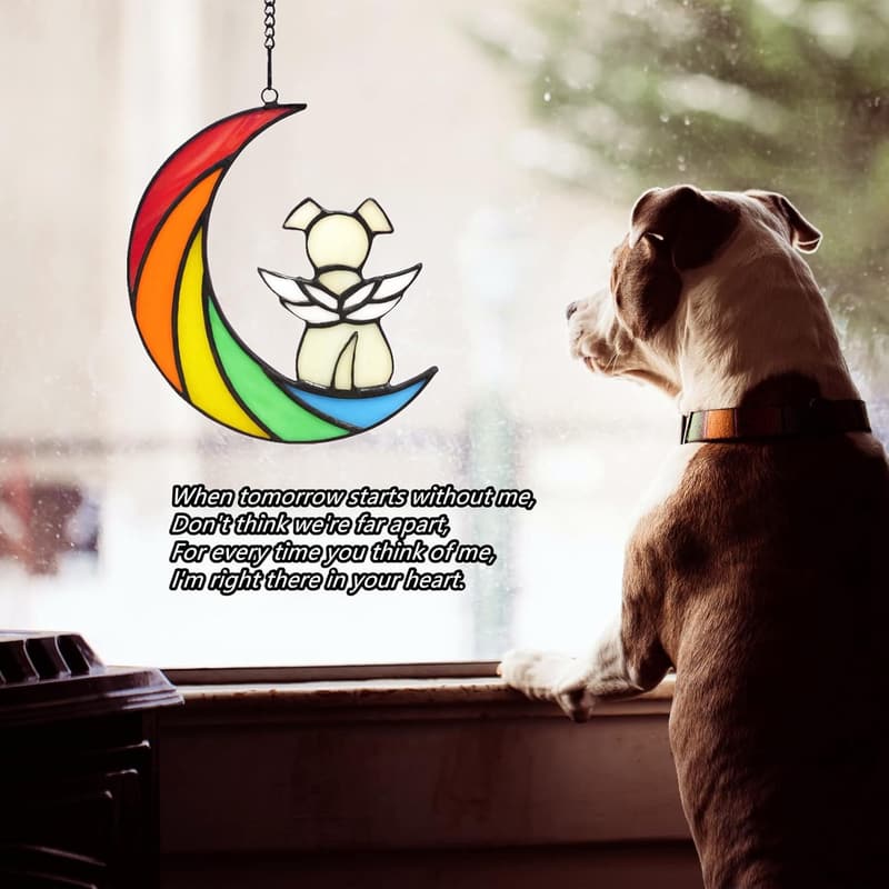 Rainbow Bridge Dog Memorial Suncatcher with Angel Wings