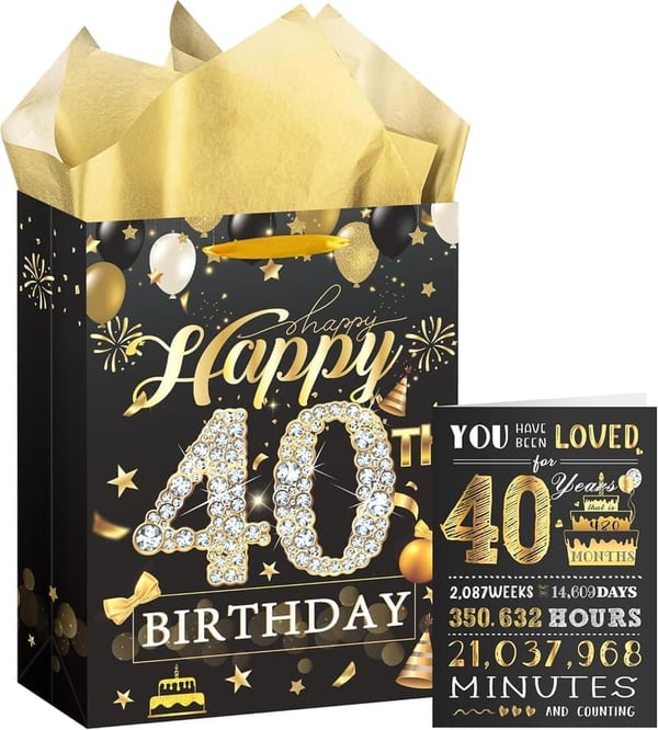 40th Birthday Gift Bag - Black Gold with Card & Tissue Papers