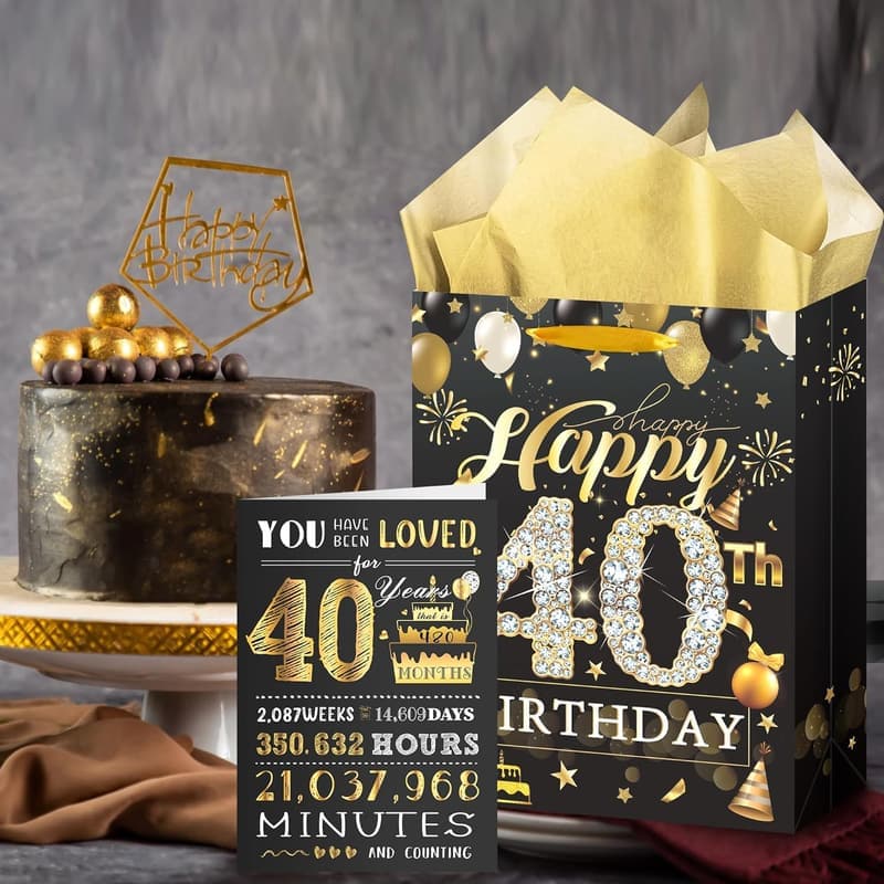 40th Birthday Gift Bag - Black Gold with Card & Tissue Papers