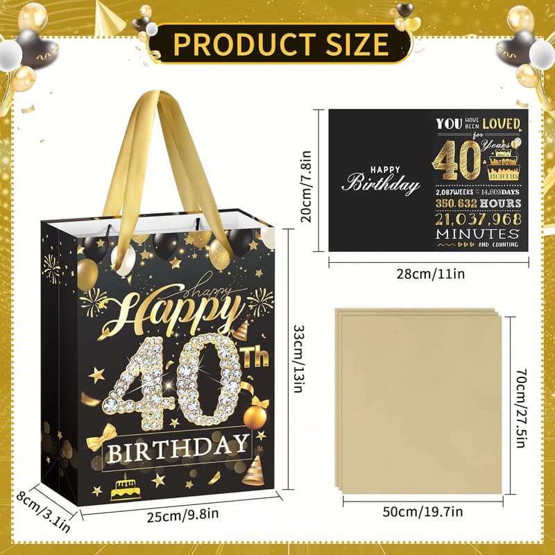 40th Birthday Gift Bag - Black Gold with Card & Tissue Papers