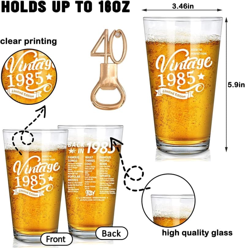 40th Birthday Vintage Beer Glass Gift for Men & Women - 16 oz