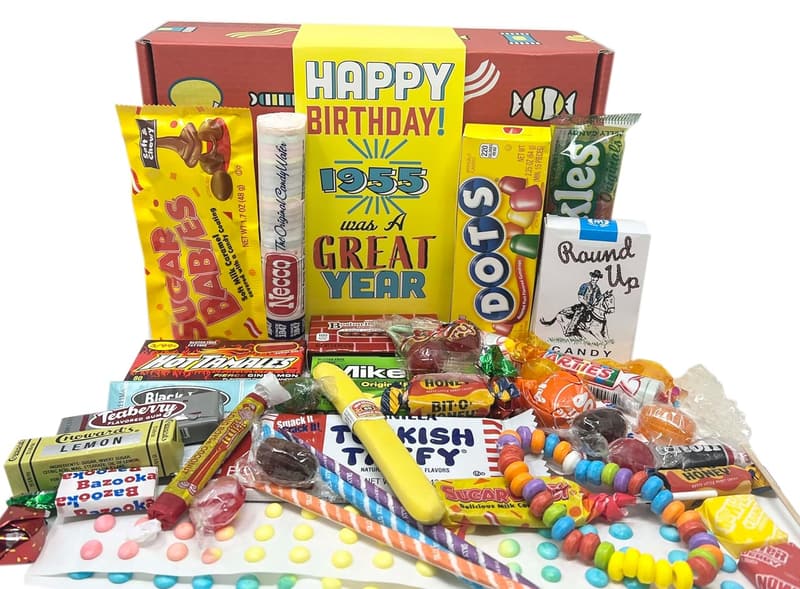 70th Birthday Retro Candy Gift Basket for 1955 Born