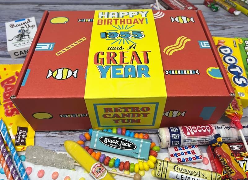 70th Birthday Retro Candy Gift Basket for 1955 Born