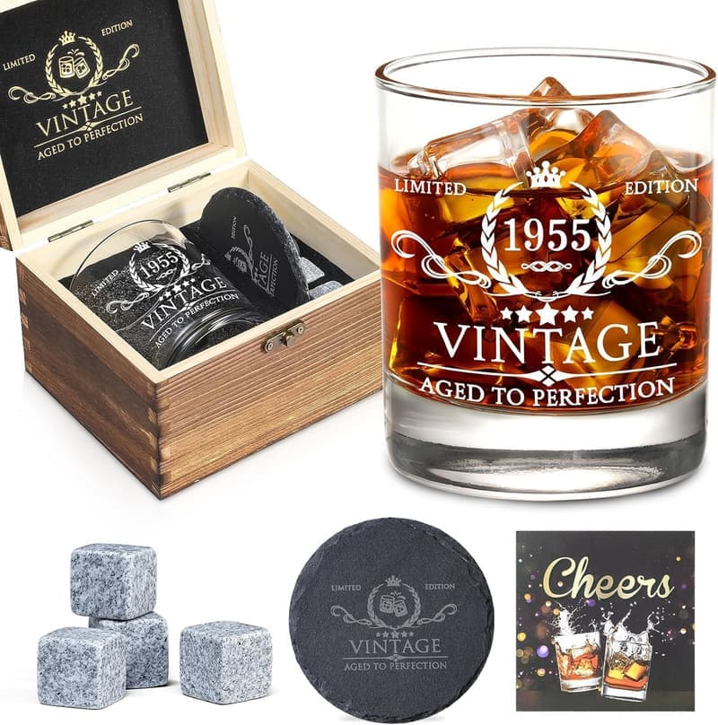 70th Birthday Whiskey Glass Set with Wood Box & Coaster