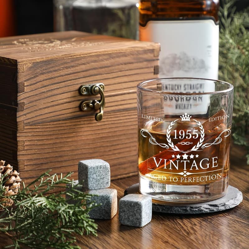 70th Birthday Whiskey Glass Set with Wood Box & Coaster