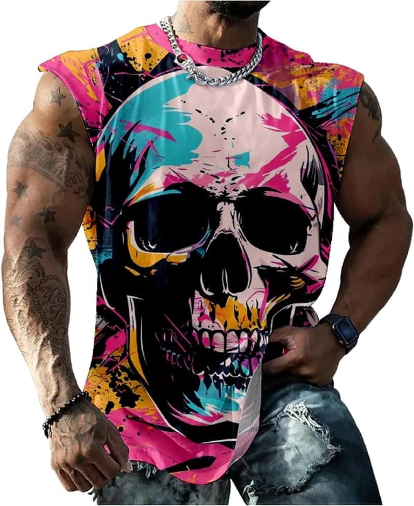 Skull Print Casual Cotton Tank Top for Men