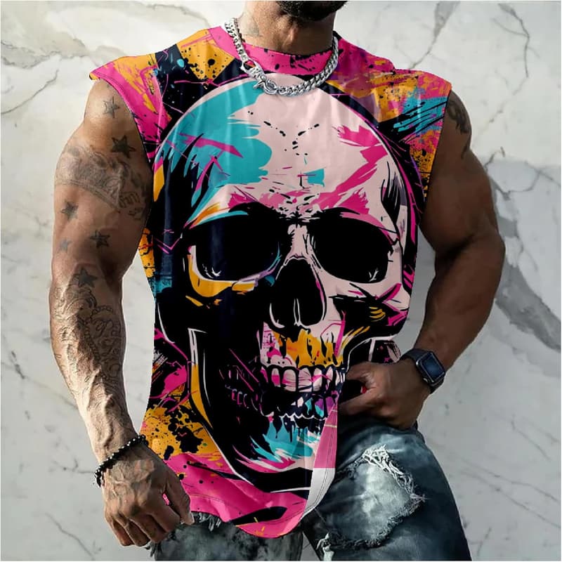 Skull Print Casual Cotton Tank Top for Men
