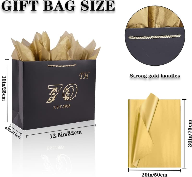 70th Birthday Gift Bag for Men & Women - Vintage Metallic Design