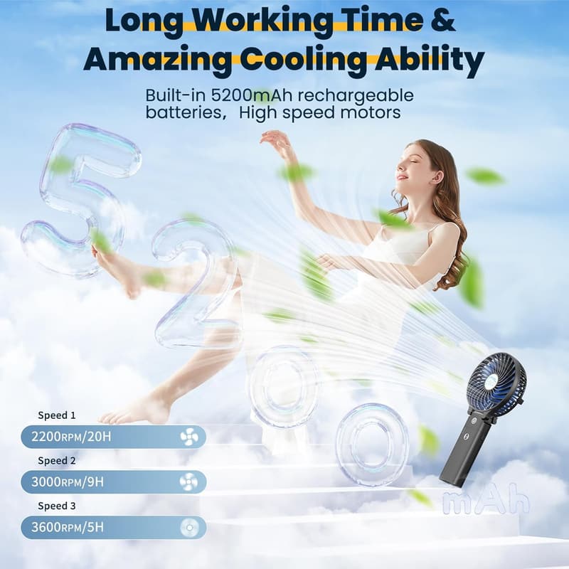 Portable Rechargeable Handheld Fan with Power Bank - 20H Runtime