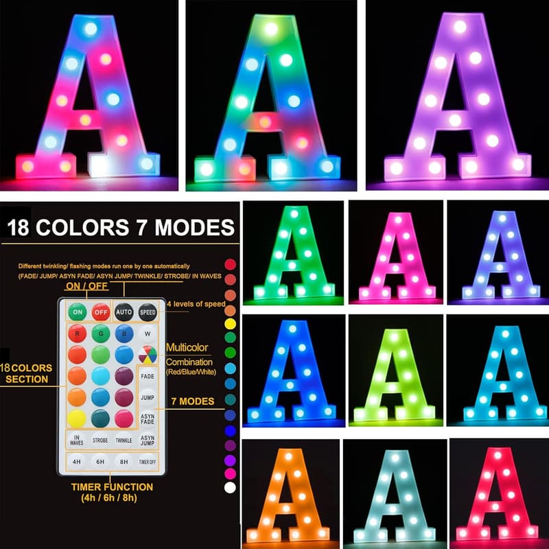 Colorful LED Marquee Letter Lights with Remote - 18 Colors