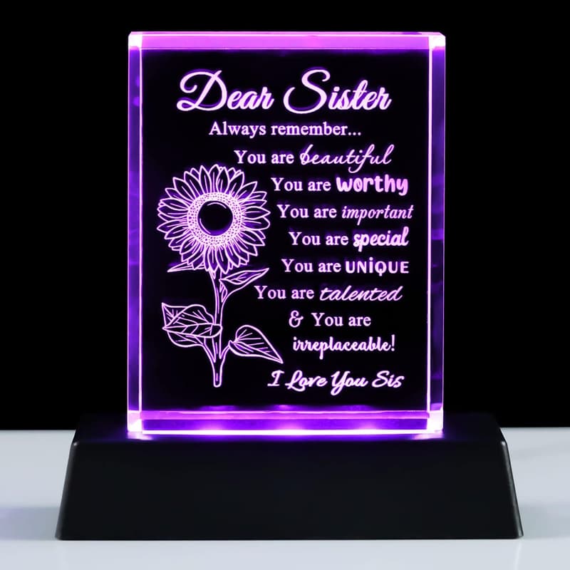 Sister Birthday Gift - Crystal Keepsake with Light Base